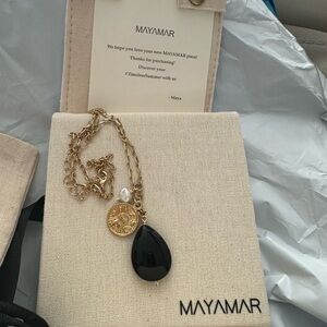MAYAMAR 24K Gold Plated 24mm Onyx & Cultured Pearl 16"+3" Necklace‎ NWT
